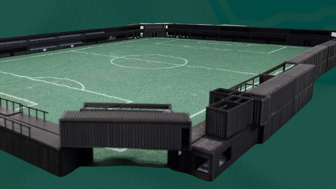 An image of Newark and Sherwood FC's potential new stadium made out of shipping containers