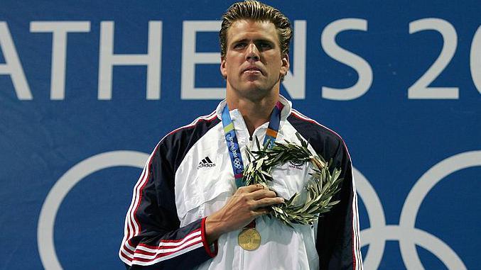 Gary Hall Jr after winning the 50m freestyle at the Athens Olympics in 2004