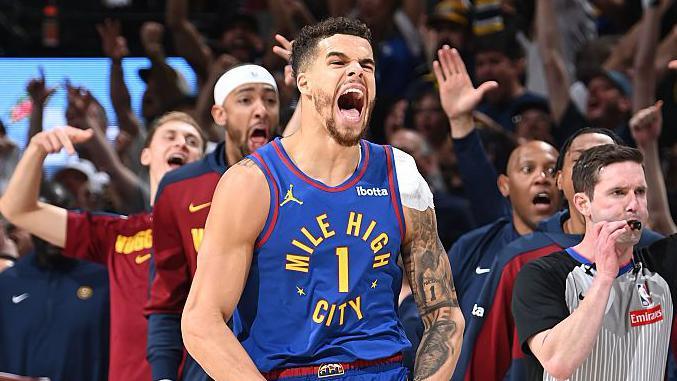 Michael Porter Jr celebrates as the Denver Nuggets beat the Los Angeles Clippers in game seven of their series in the first round of the 2025 NBA play-offs