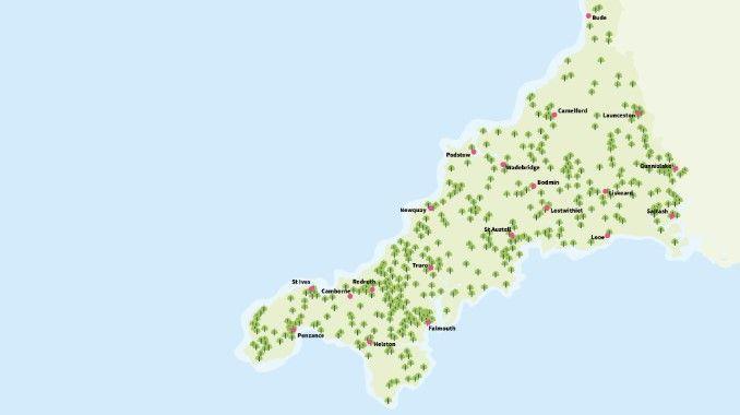 A picture of the map. It shows Cornwall covered with animated trees.