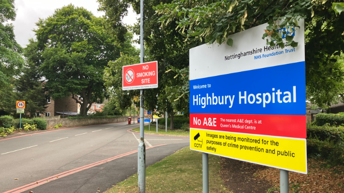 The welcome sign at Highbury Hospital, in Nottingham, wityh the hospital gates in the background