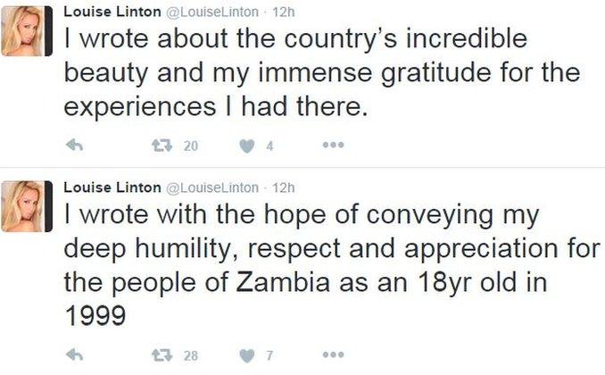 Linton tweet saying she wanted to express her gratitude to Zambia for her experiences there