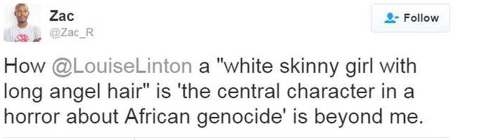 Tweet wondering how white woman is central character in story about African genocide