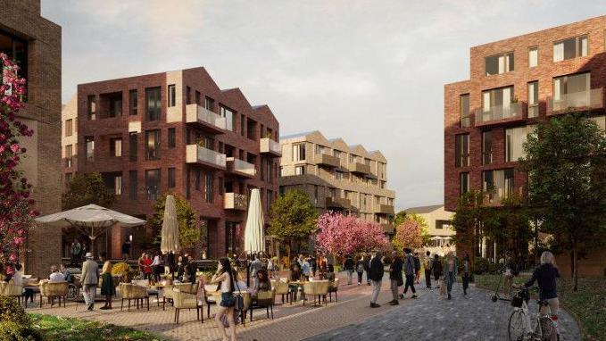 An artist's impression of three high-rise blocks of flats, as well as an open piazza with tables and chairs outside and some people sat down, on the tables.