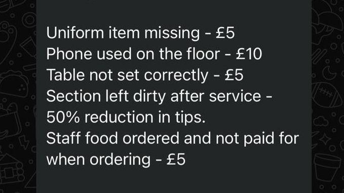 A screen grab of a whatsapp text that reads:
Uniform missing - £5
Phone used on the floor - £10
Table not set correctly - £5
Section left dirty after service - 50% reduction in tips
Staff food ordered and not paid for when ordering - £5 