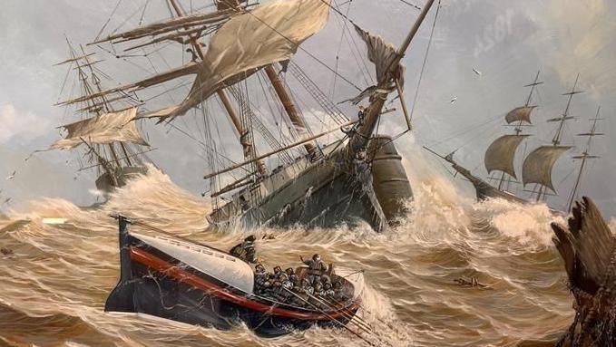 Three sail boats are being tossed about on the sea, and a lifeboat depicted at the front of the picture is laden with rescued sailors.