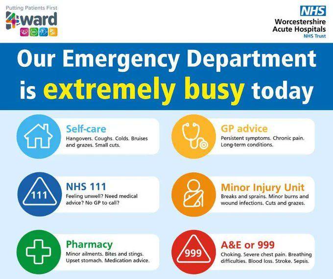 A social media post on Twitter tells patients the Emergency department is extremely busy