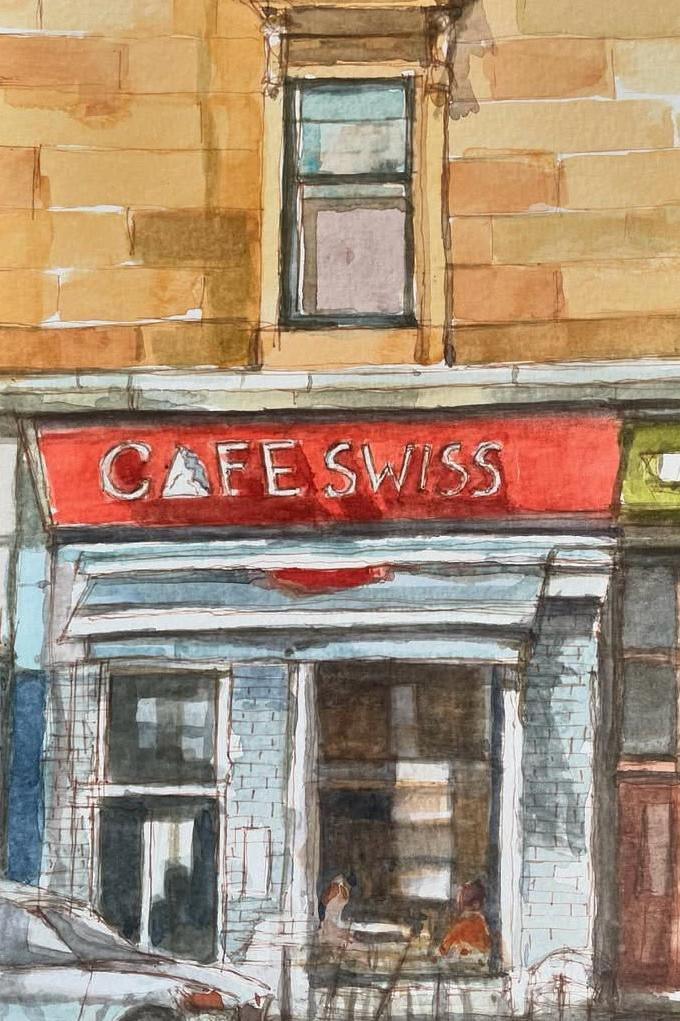 A watercolour painting of Cafe Swiss on Glasgow's Byres Road. The front of the café is white bricks with a white canopy and red sign with white text. People sit in the windows and there is a car in the bottom left corner.