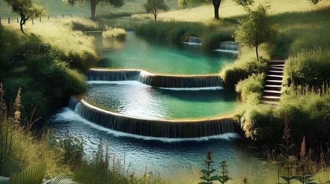 A computer generated image of what one of the pools will look like. It is a tiered infinity pool with three platforms. There is a set of steps to the right, leading down to the bottom pool. In the background there are trees, fields and hedges, and a wooden fence on the left. The water is bright green and blue with little splashing waves where water falls from the pool above.