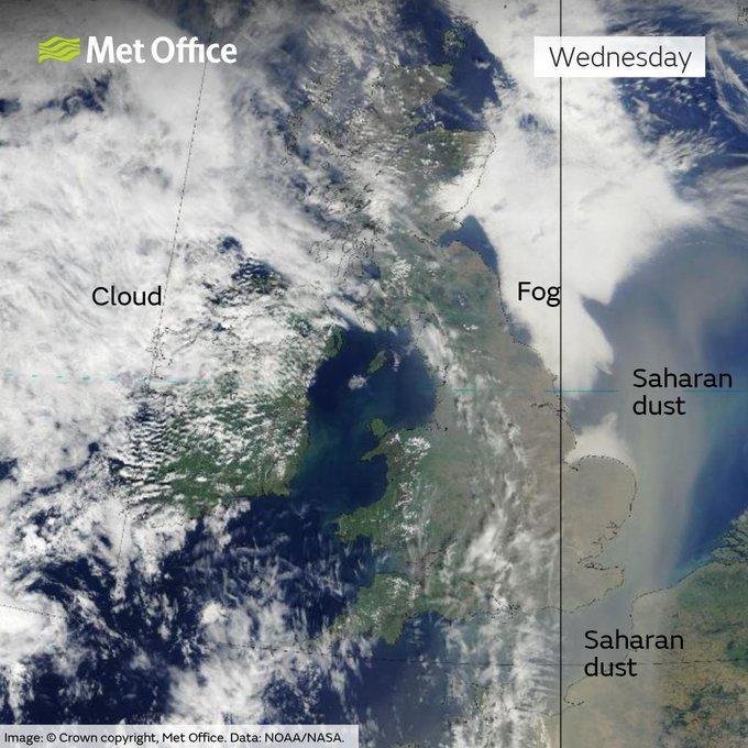 Satellite pictures showed clouds of dust approaching Britain from the east.