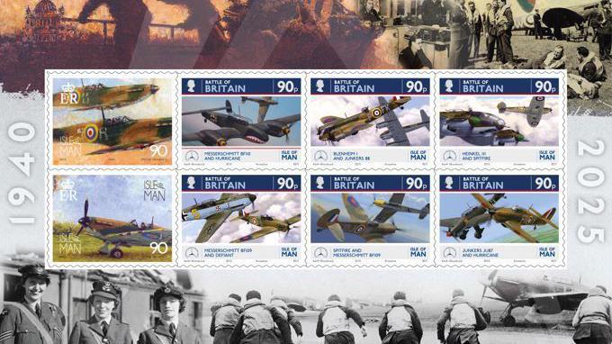 The stamp collection marking the 85th anniversary of the Battle of Britain shows various artists impressions of aeroplanes from the era. It is surrounded by photographs from the era, including three servicewomen in uniform and a group of men running onto an airfield.