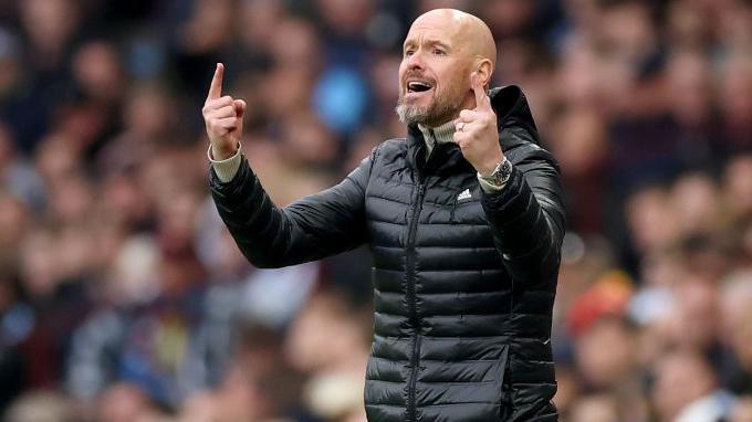 Manchester United manager Erik ten Hag reacts during their 0-0 draw with Aston Villa