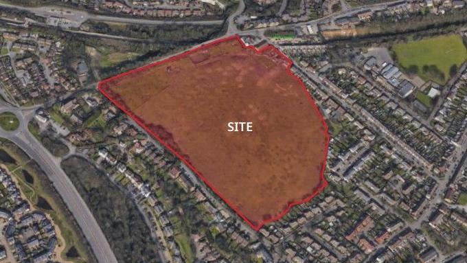 An aerial view of the area with a red box showing where the site is.
