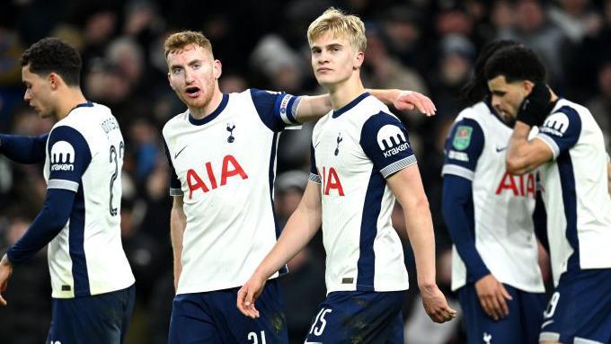 Tottenham players celebrate Lucas Bergvall's opening goal against Liverpool