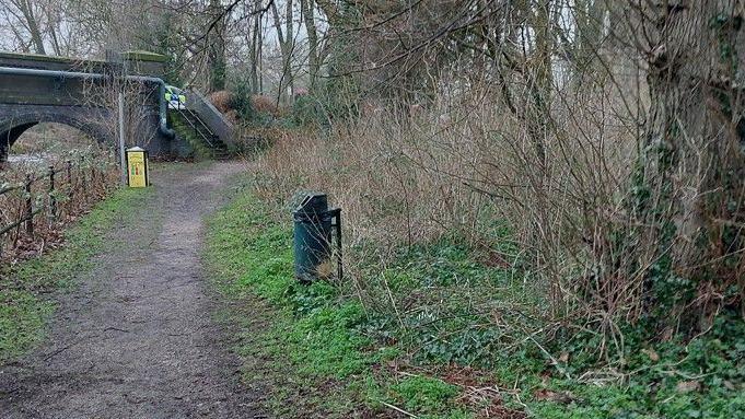 A footpath alongside shrubbery, leading towards steps up to a bridge.