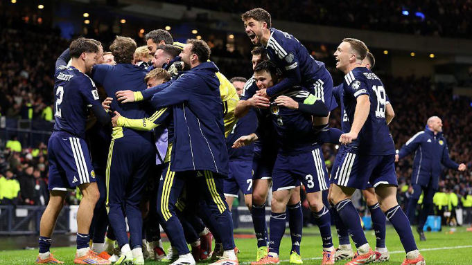 Scotland celebrating during their match against Denmark.