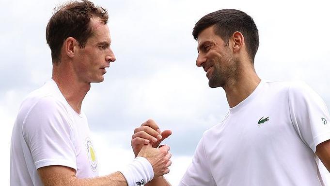 Andy Murray and Novak Djokovic practice before Wimbledon in 2023