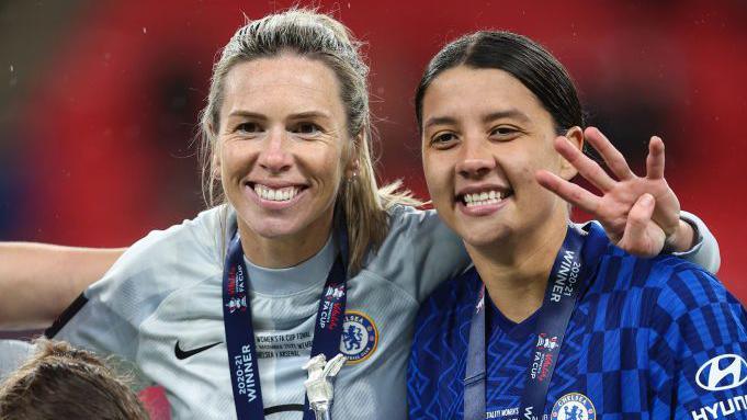 Carly Telford celebrating Chelsea winning the FA Cup in 2021 with Sam Kerr