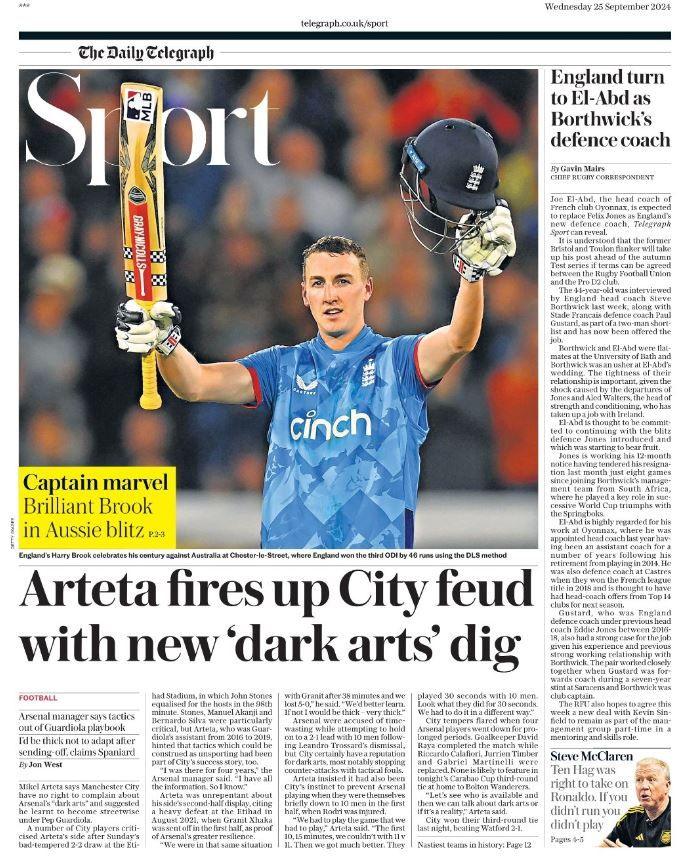 Telegraph back page: 'Arteta fires up City feud with new dark arts dig'