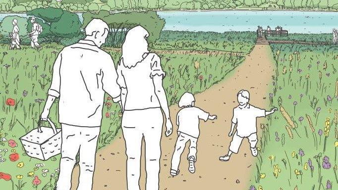 An artist's impression showing a couple with two children walking down a country path towards a reservoir, as a pair of hikers walk past in the distance.