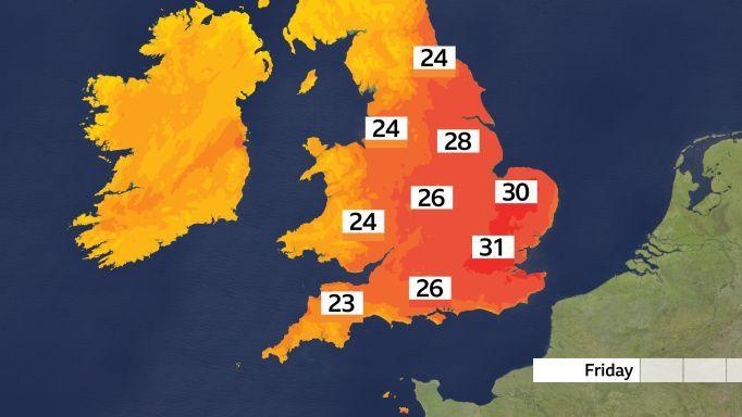 A BBC Weather map showing maximum temperatures for England and Wales on Friday. Temperatures range from 23C in south-west England to 31C in south-east England