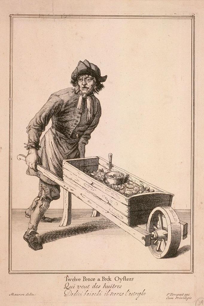 A 17th Century etching of an oyster seller pushing a wooden barrel