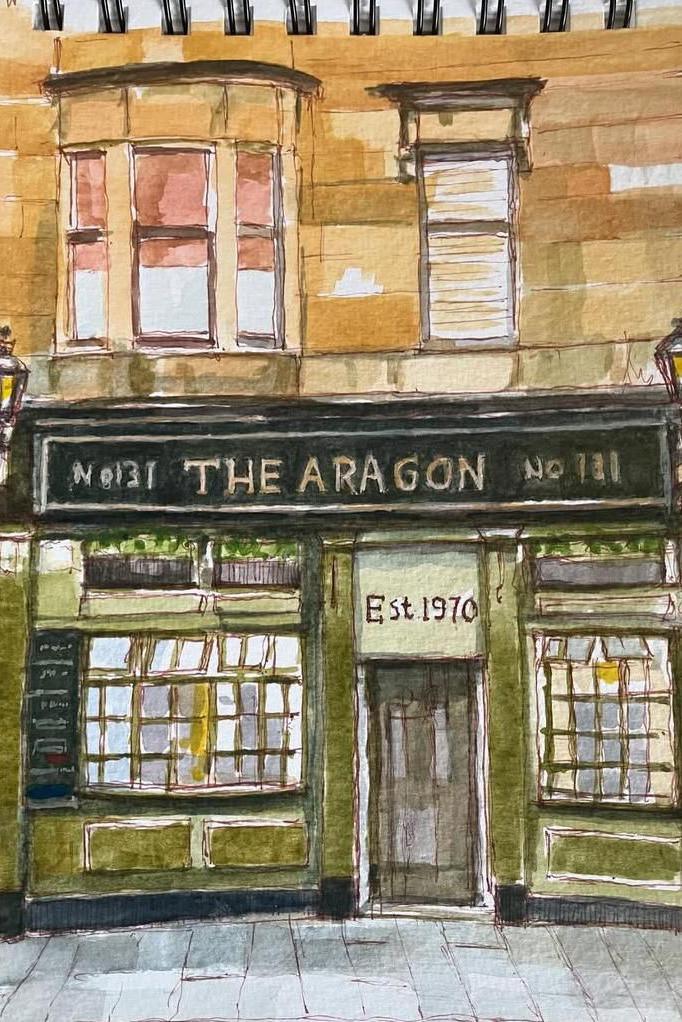 A watercolour painting of The Aragon pub on Byres Road. The pub is painted dark green with a black sign. 