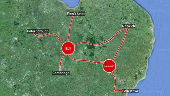 Map showing Ely and Haughley junctions and the rail lines that run through them