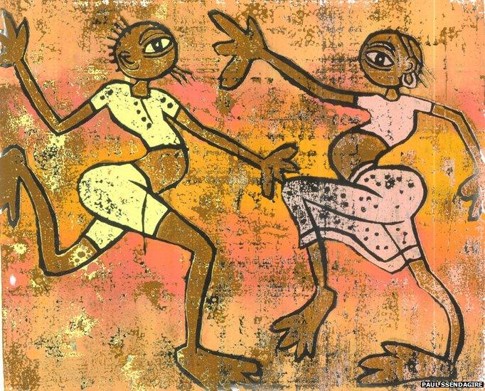 Woodcut of two people dancing