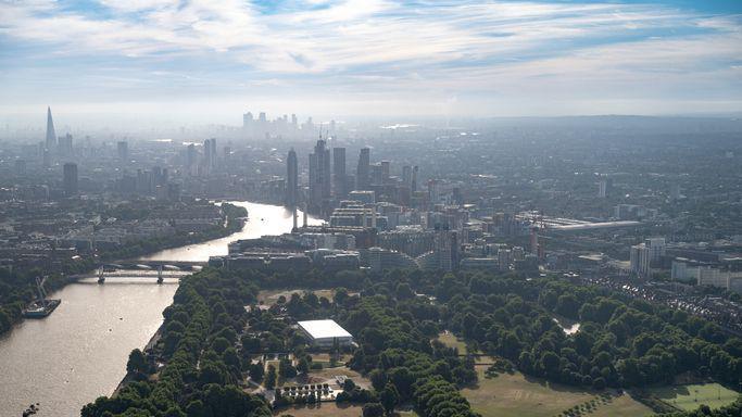 Aerial view of London during midday sunshine.