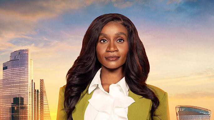 The Apprentice candidate Chisola Chitambala standing in front of several London landmarks. She is wearing a white shirt and a green blazer.