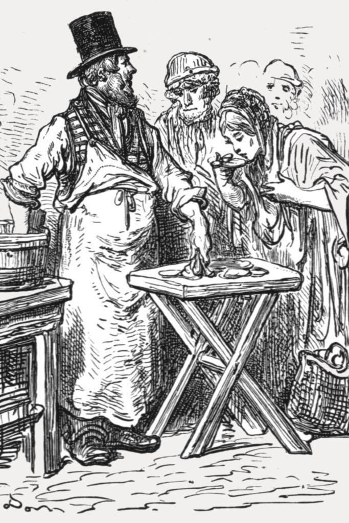 Image called The Oysterman, 1872.  A man in a tall hat sells oysters to people and a woman eats one at the stallholder's table