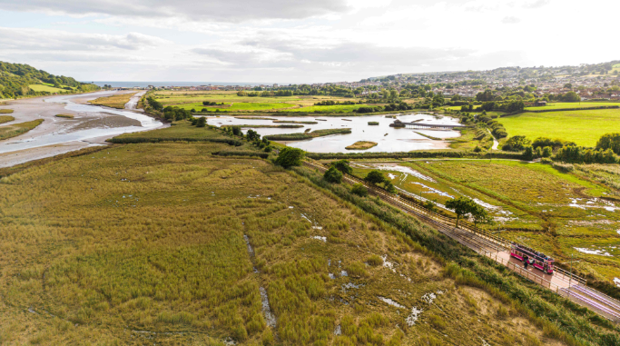 A photo of Seaton Wetlands taken from above. There is a large amount of grasslands with wetland surrounding it. There is a short road running through the middle.