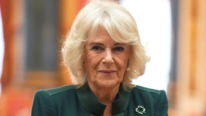 Queen Camilla in a green dress