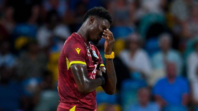 Alzarri Joseph of West Indies expresses disappointment during the third ODI against England