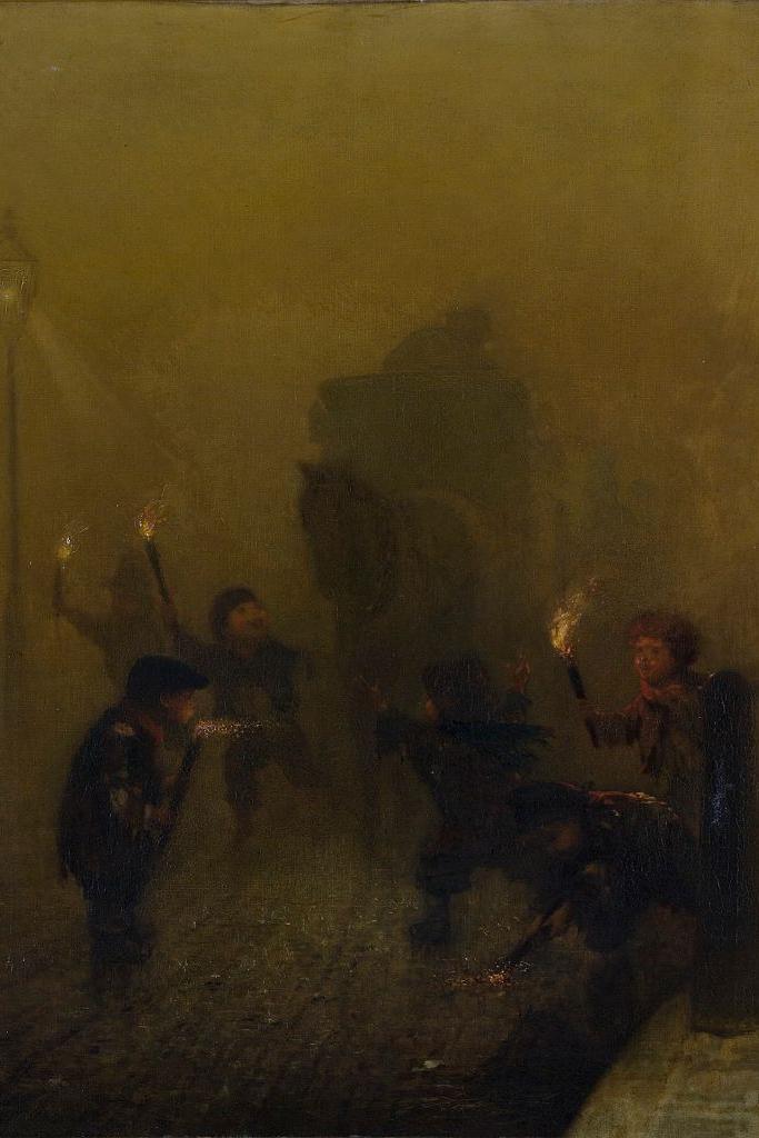 'A London fog' by Charles Albert Ludovici. Painting showing thick yellow fog with people holding fire torches in an attempt to see their way