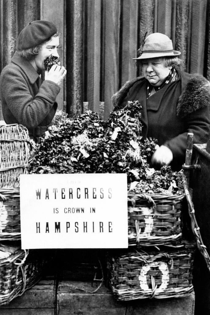 Two women with wicker hampers full of watercress - black and white photo