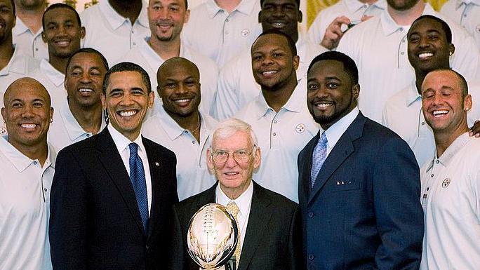 The Pittsburgh Steelers squad at the White House, with US President Barack Obama, Steelers chairman Dan Rooney and head coach Mike Tomlin stood beside the Super Bowl trophy