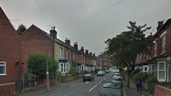 An image of a residential road with cars parked outside homes on either side. Several trees grow along the pavement on the right.