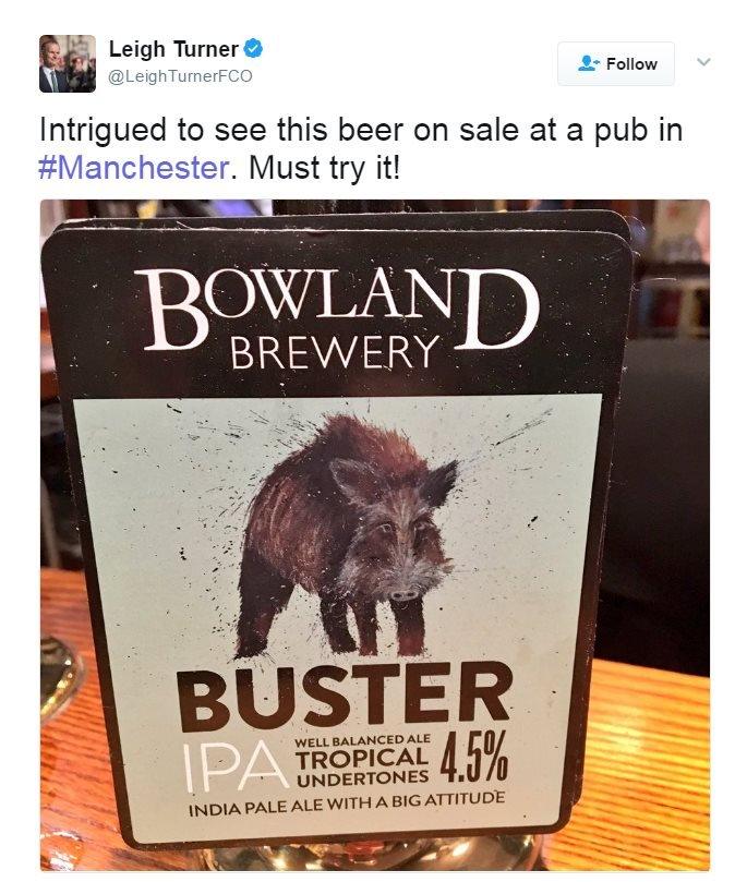 A tweet with a picture showing a beer on tap with a boor as its logo. Mr Turner captioned it with "Intrigued to see this beer on sale at a pub in Manchester. Must try it".