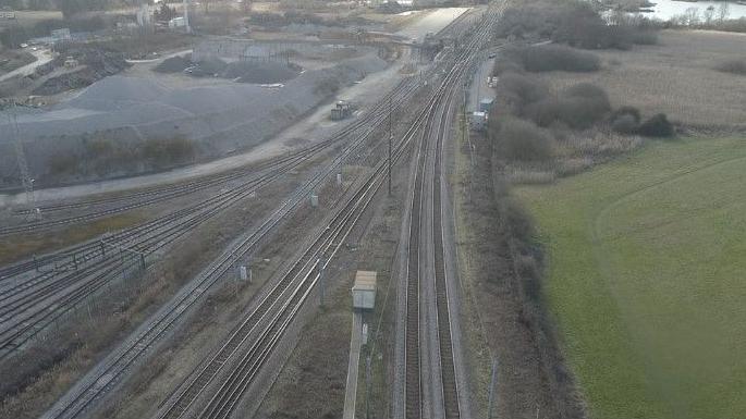 Overhead shot showing the railtracks at Ely junction.