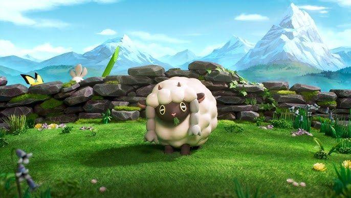 a wooloo chewing on grass in the foreground and in the background the heads of pichu and sirfetch'd can be seen behind a stone wall.