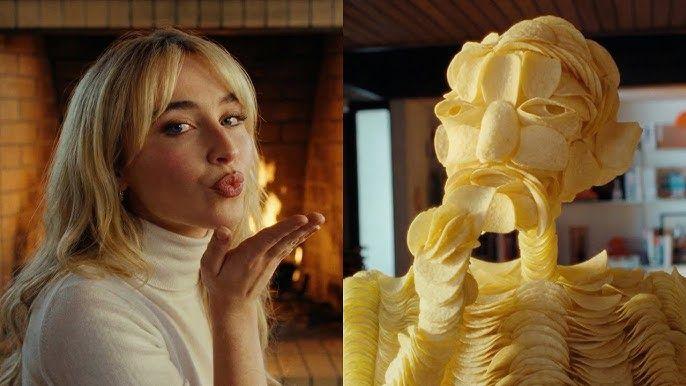 Sabrina Carpenter blows a kiss to a man made from crisps. 