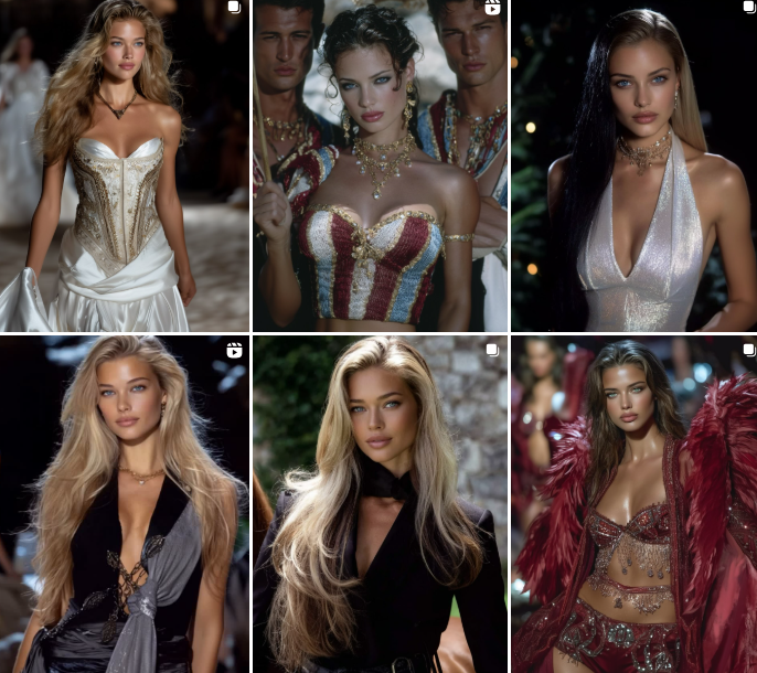 Instagram page of Seraphinne Vallora featuring six AI generated women