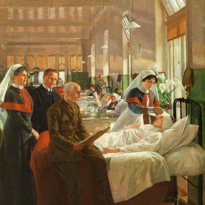 A bedside scene: this 1916 oil painting depicts the care provided to injured soldiers in a hospital ward during the First World War. As well as the patient there are four people attending to him.