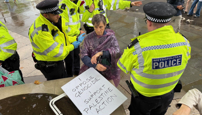 Shows a woman in handcuffs and a purple rain protector with five policemen in high viz vests