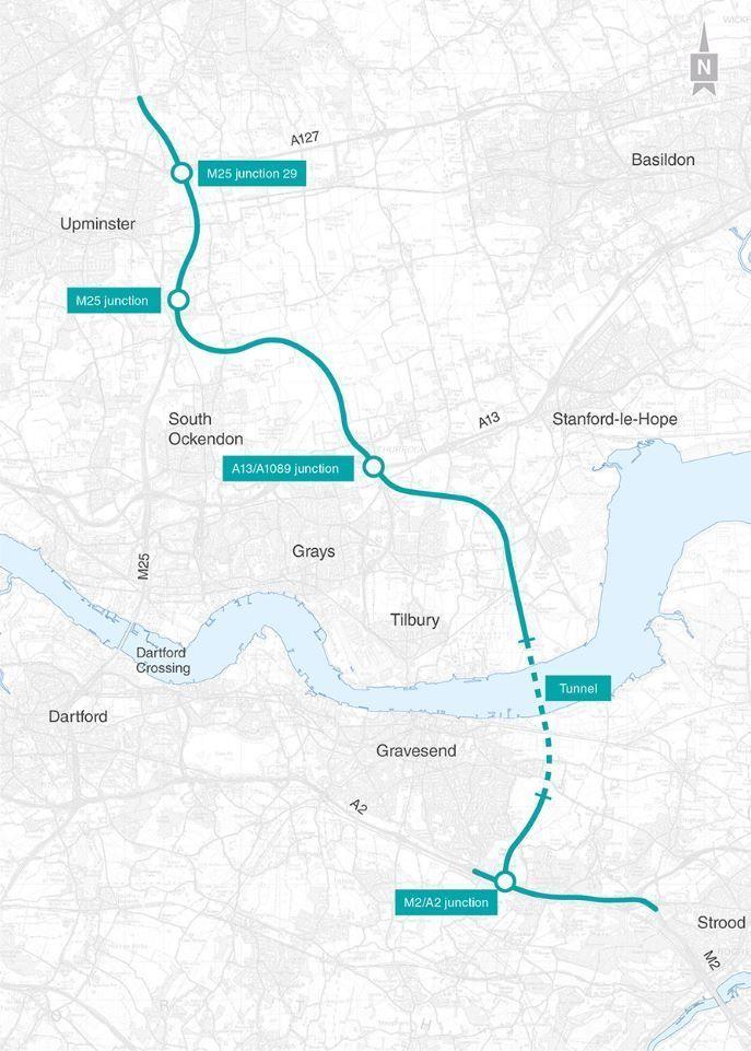 Map showing the route of the proposed Lower Thames Crossing between Essex and Kent, with connecting roads to the M25, A2 and M2