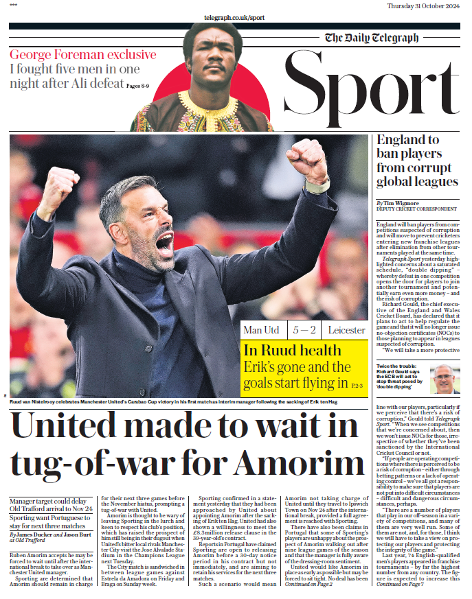 Telegraph back page: United made to wait for Amorim