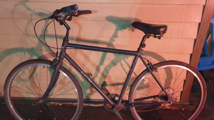 A bicycle with a grey frame. It is leaning against a shed.