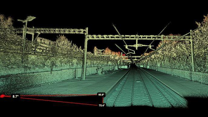 An AI camera thermal shot of a platform being measured with red lines and angles